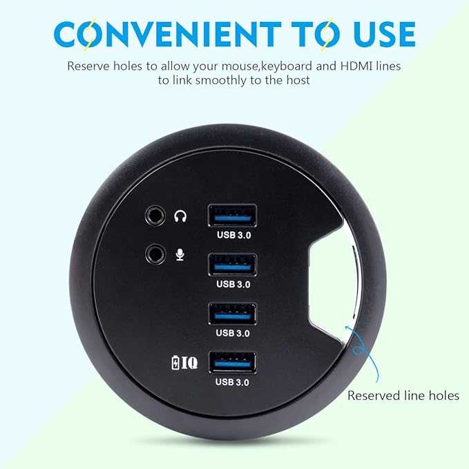 WDX Desk-Fit (Diameter 3.14 or 80MM) 4 Port USB 3.0 Hub with 3.5mm Audio Mic Phone Jack/BC 1.2 USB Charger 5V/2A Power Adapter for iPhone/Smart Phones(usb3.0 4 Port)(AC Power Supply Included)