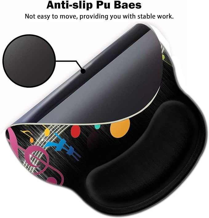 Ergonomic Gel Mouse Pad Wrist Support + Memory Foam Keyboard Wrist Rest for Home Office Gaming Desk Pad Easy Typing Pain Relief Hand Rest Pad Cute Round Desk Mat Music Note Pattern Black Mousepads