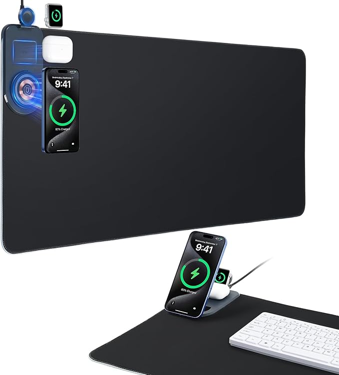 ELUTENG Mouse Pad with Phone Holder 4in1 Wireless Charging Desk Mat RGB Ultra-Smooth Gaming Mousepad Waterproof Home Office Large Desk Pad 31.5x11.81 Large Desk Pad Non-Slip Base Keyboard Pad