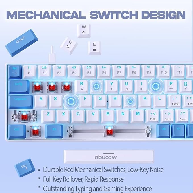 abucow 65% Mechanical Gaming Keyboard Red Switch Wired Compact Keyboard with Blue Backlight Swappable Blue White Keycaps for Windows/Mac