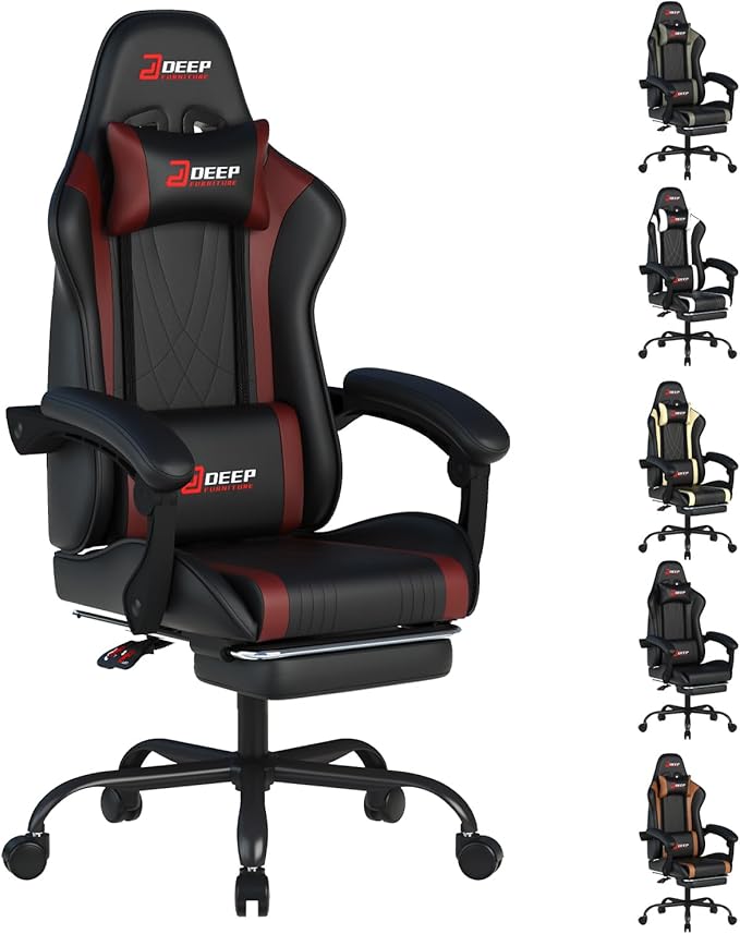 Ergonomic Gaming Chair with Footrest and Lumbar Massage Racing Office Chair High Back Computer Desk Chair with Headrest Pillow for Adults Video Game Chair for PC Gamer (1001-Red)