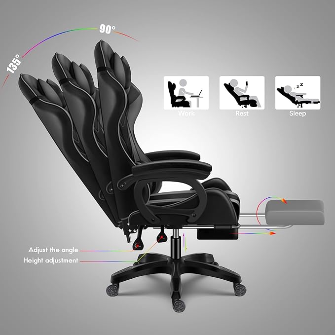 7 point massage gaming chair office chair gaming chair with RGB lights and speakers swivel chair with footrest tiltable chair computer chair with lumbar support ergonomic video gaming chairBlac