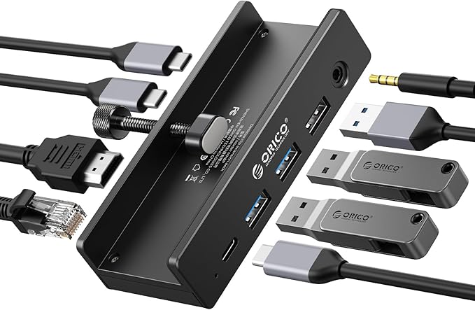 ORICO Clip Docking Station 8-in-1 Clamp USB C Hub with 4K@60Hz HDMI 100W PD Gigabit Ethernet 4xUSB Port AUX 10Gbps Clamp Docking Station for Laptop MacBook PC (Adapter Not Included)