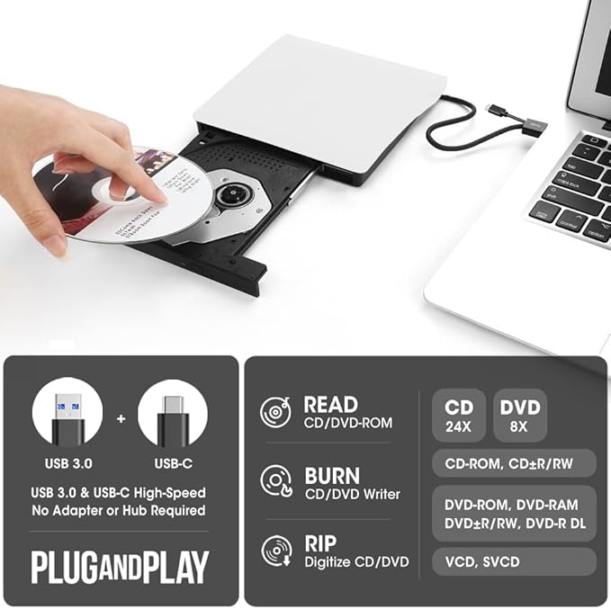 ROOFULL External CD DVD Drive for Mac Laptop USB 3.0 &amp USB-C Portable CD Reader Writer Burner DVD Player ROM+/-RW Disc Drive with Carrying Case for Apple MacBook Windows 11 PC Computer White