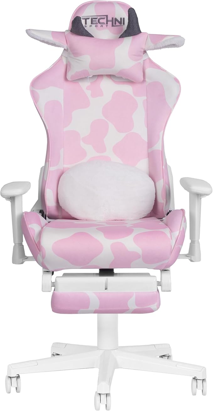 Techni Sport Gaming Chair - Pink Cow Print - Ergonomic Computer Chair with Fold-Away Footrest Memory Foam Lumbar Support Adjustable Armrests Reclining Back Horns &amp Ears Pillow 300 lbs Capaci