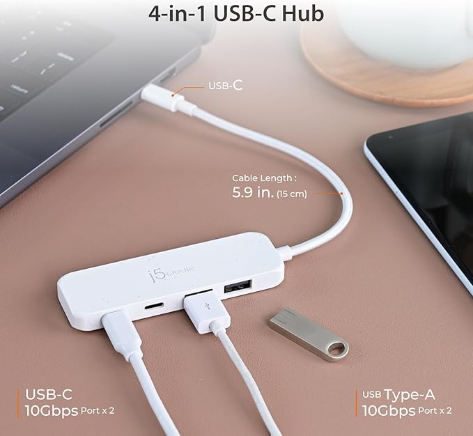 j5create 4-in-1 USB-C to 4-Port Type-A &amp Type-C Hub(Eco-Friendly) 10 Gbps USB-A x 2 &amp 10 Gbps USB-C x 2 Compatible with MacBook Pro MacBook Air iPad Mac mini Cyan/Blue (JCH342EC)