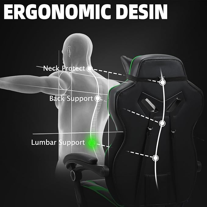 Vonesse Gaming Chair Big and Tall Gaming Chair with Footrest and Massage Gaming Chairs for Adults with Lumbar Support Ergonomic High Back Computer Chair with Pocket Spring Cushion (Green/Black)