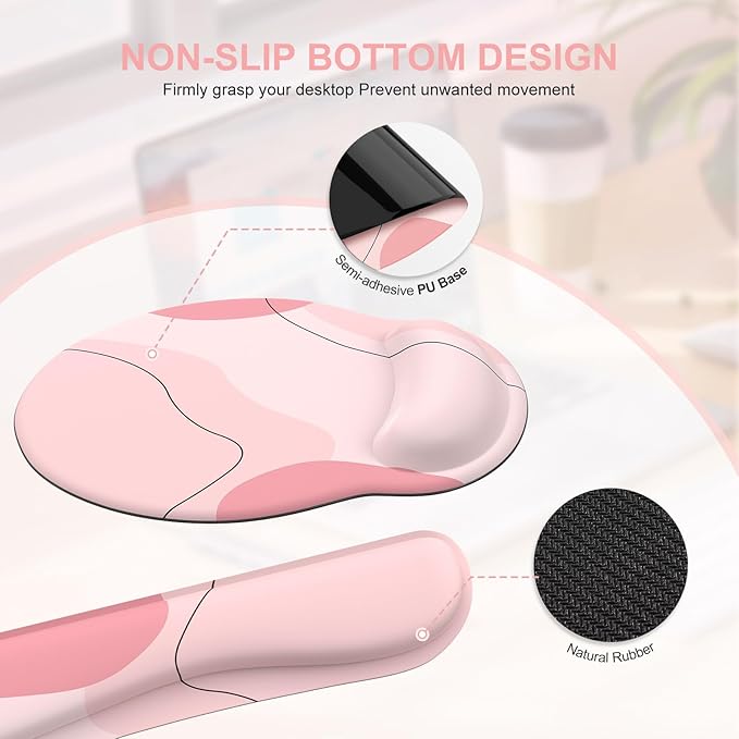 iCasso Large Gaming Mouse Pad Wrist Support Set Desk Mat 4in1 XXL Mousepad + Keyboard Wrist Rest+Mouse Wrist Rest+Coaster Set with Ergonomic Design for Home Office Table Computer-Pink Art