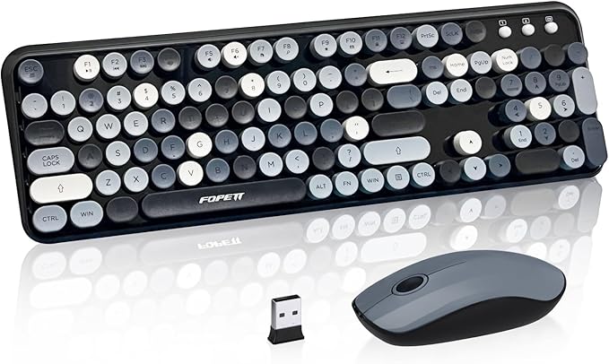 FOPETT Wireless Keyboard and Mouse Combo 105 Keys Full-Sized 2.4 GHz Round Keycap Colorful Keyboards USB Receiver Plug and Play for Windows Mac PC Laptop Desktop (Grey Colorful)