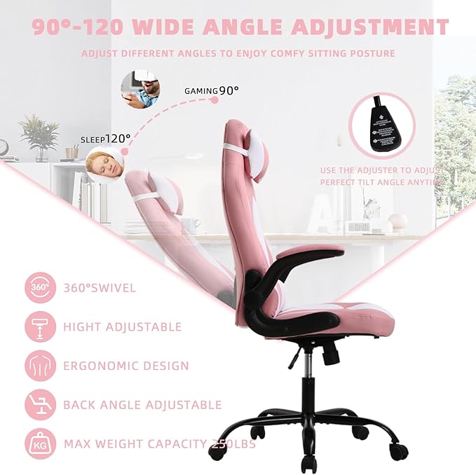Gaming Chair for Adults - Big and Tall Office Chair With Lumbar Support Ergonomic PU Leather Computer Racing Chair Pink