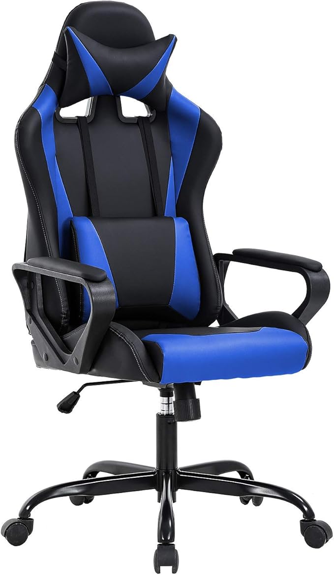 Gaming Chair with Lumbar Support High-Back Office Chair for Adults with Ergonomic Computer Racing Chair PU Desk Task Chair with Support Flip Up Arms Headrest Blue