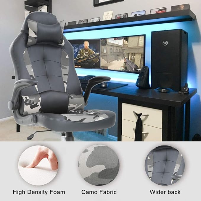 Gaming Desk Chair PC Gaming Chair Gamer Chair Comftorable Ergonomic PU Leather Computer Office Chair with Lumbar Support Flip Up Arms High Back Executive Gaming Stuff for Girl Kids Adults (Camo)