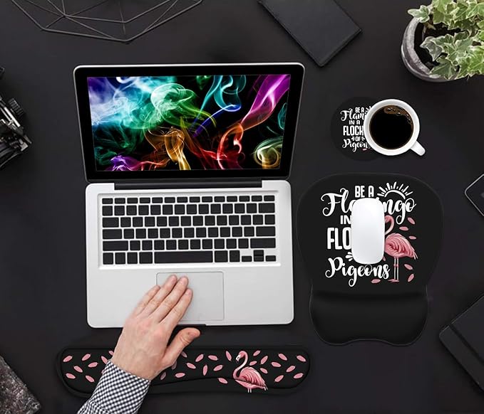 Mouse Pad Wrist Support and Keyboard Wrist Rest Set with Coasters Inspirational Quote Be a Flamingo in a Flock Pigeons with Non-Slip PU Base Ergonomic Mousepad for Computer Laptop Home Office