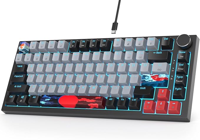 Fogruaden Wired 75% Mechanical Keyboard Hot Swappable Gasket Mount With Red Switch RGB Backlit 82 Keys TKL NKRO Compact Gaming With Knob (Dolch)
