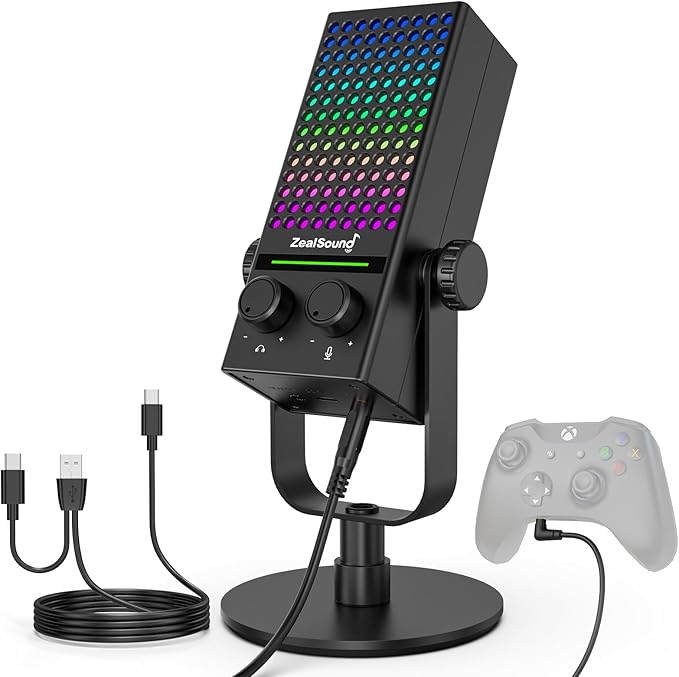 ZealSound Gaming Microphone for Xbox PC &amp Mac Noise Cancellation Streaming Mic with One Tap Mute RGB Lighting Monitoring Gain Control Condenser Mic for iPhone Computer Podcast Gamer YouT