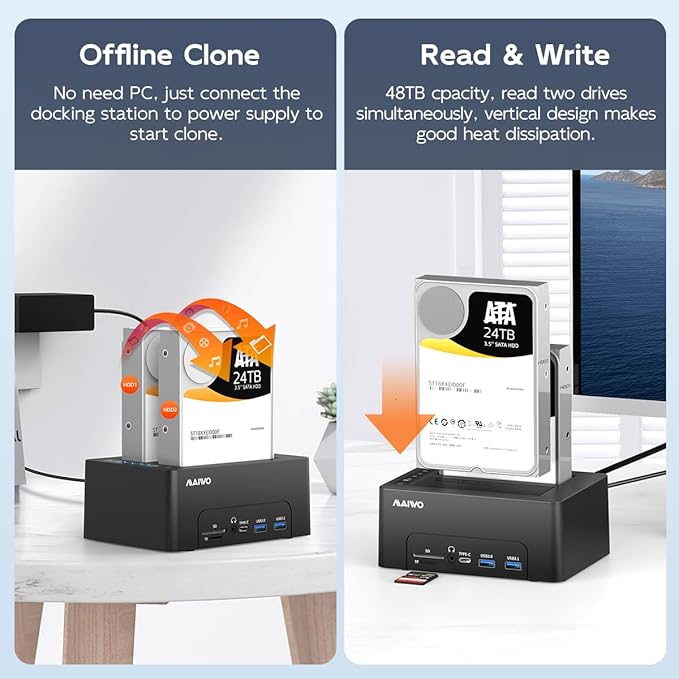 MAIWO 2 Bay Hard Drive Docking Station for 2.5'' 3.5'' SATA HDD/SSD Duplicator Offline Cloner Type-C USB 3.1 HDD Dock with HDTV Port/4 USB Hub/Gigabit Ethernet/3.5mm Audio/BT5.0 SD TF Card Slot