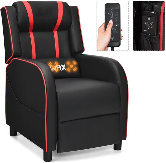8AM Office Gaming Massage Recliner Sofa Ergonomic PU Leather Gaming Recliner Sofa with Footrest Lumber Support Side Pouch &amp Remote Control for Gaming Living Room Theater (Red)
