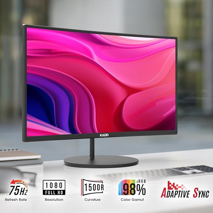Kado Triple Monitor Setup - 3-Pack 27 1920x1080 Curved Computer Monitor 1500R 75Hz VESA Mount HDMI Office Gaming Hybrid Sim Racing Built-in Speakers (C27 Trio Series)