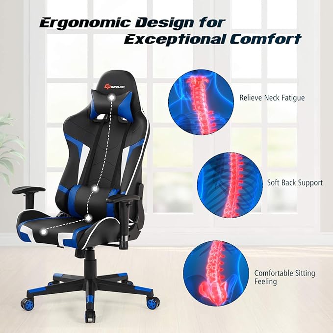 POWERSTONE Gaming Chair - Office Computer Gaming Racing Chair with Lumbar Massager Support PU Leather Adjustable Arms Headrest High-Back Recliner Ergonomic Rolling Swivel (Blue)