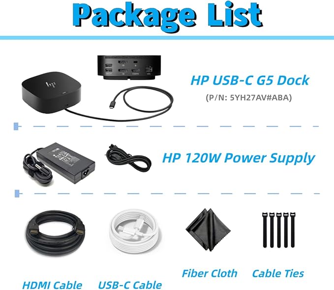 Genuine HP Docking Station for Laptop Dual Monitor and Charging Bundle-HP USB-C G5 Dock 5YH27AV#ABA with 120W AC Adapter HDMI Cable USB-C Cable &amp Fiber Cloth &amp Reusable Cable Ties