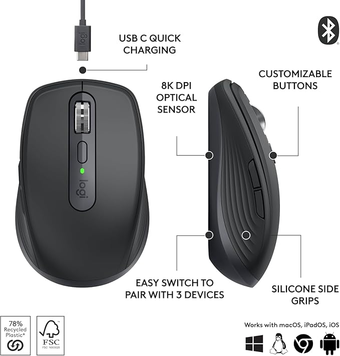 Logitech MX Anywhere 3S Compact Wireless Mouse Fast Scrolling 8K DPI Any-Surface Tracking Quiet Clicks Programmable Buttons USB C Bluetooth Windows PC Linux Chrome Mac - Black (Renewed)