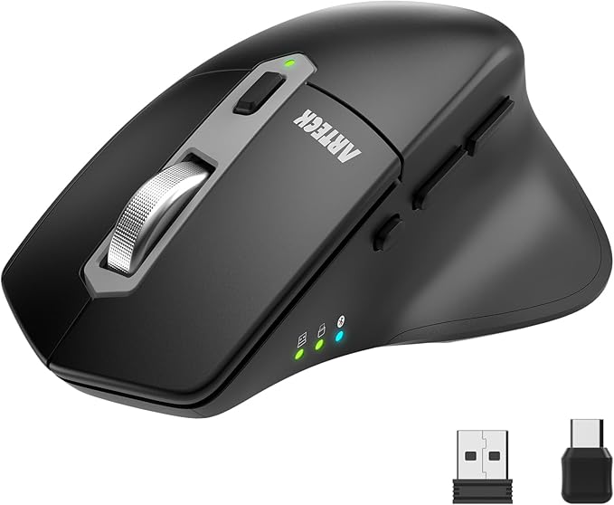 Arteck Multi-Device Wireless Bluetooth Mouse with Nano USB-A USB-C Receiver Ergonomic Right Hand Silent Clicking Rechargeable Mouse for Computer Desktop PC Laptop Mac iPad and Windows 11/10 iPad OS
