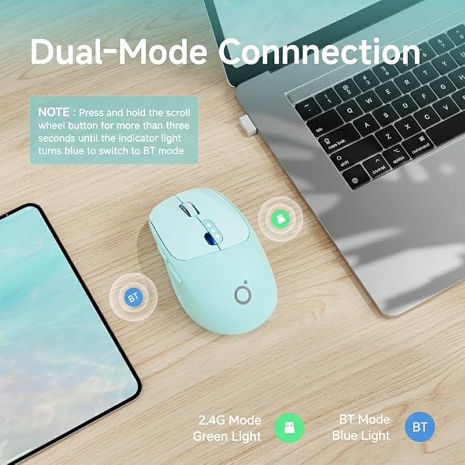 EWEADN Q5 Wireless Mouse Bluetooth &amp 2.4G Quiet Computer Mouses with Battery Level Display 1600 DPI Ergonomic Office Mouse 6 Button Portable Cute Computer Mouse for Laptop/PC/Mac - Blue