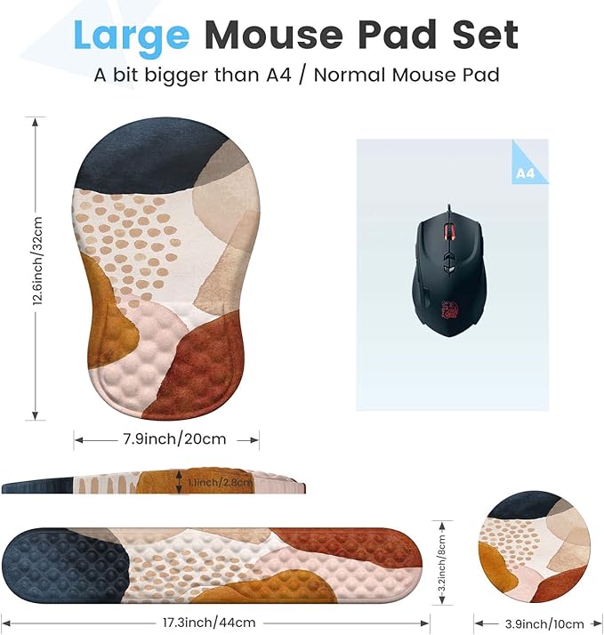 HAOCOO Ergonomic Mouse Pad Wrist Support and Keyboard Wrist Rest 3 PCS Computer Carpal Tunnel Mouse Pads for Desk with Coaster Set Memory Foam Mousepad with Non-Slip PU Base for Home Office Boho