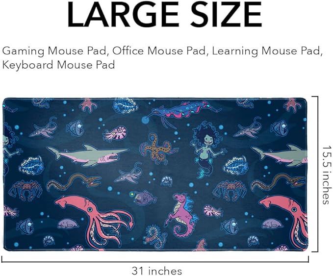 Creepy Deep Sea Creatures Pattern with Mermaid Squid and Shark Large Gaming Mouse Pad Desk Mat with Stitched Edges Non-Slip Base