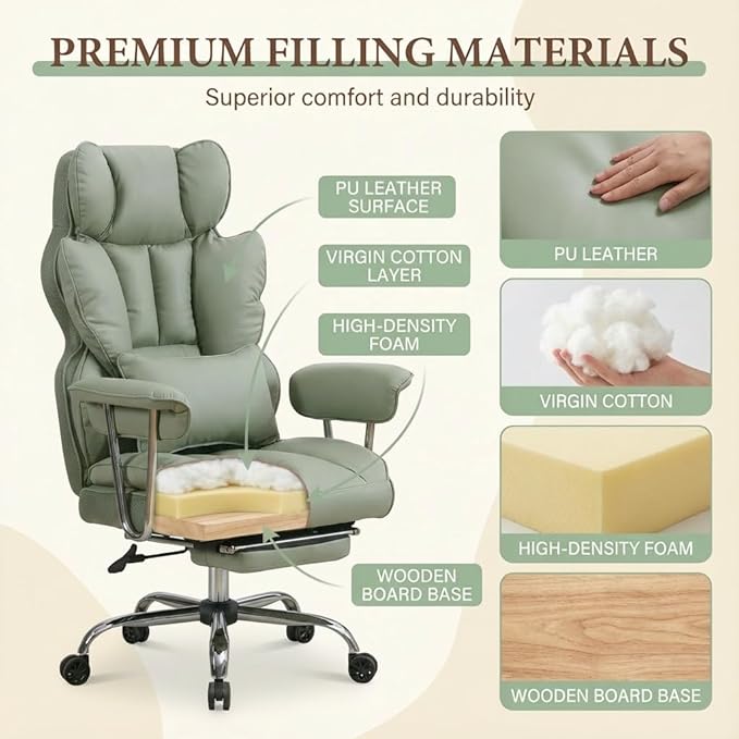 Big and Tall Office Chair 400lbs - Heavy Duty Executive Desk Chair with Footrest High Back PU Leather Ergonomic Computer Chair with Extra Wide Seat &amp Thick Cushion for Home Office (Green)