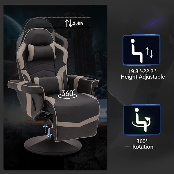 Gaming Chairs for Adults Gaming Chair with Footrest Massage Gaming Chair w/Adjustable Height and Backrest Swivel Video Game Chair with Lumbar Support Side Pouch (Black&amp Grey)