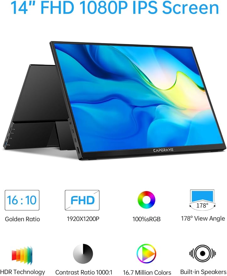 Portable Monitor - 14.0 USB C HDMI Travel Monitor for Laptop FHD 100% sRGB Built-in Kickstand &amp Speakers Second Screen and External Monitor for MacBook Xbox PS4/5 Switch