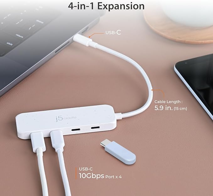 j5create 4-in-1 Pink USB-C to 4-Port Type-C Hub(Eco-Friendly) Hub with Four 10 Gbps Type-C Ports | Compatible with MacBook Pro MacBook Air iPad Mac mini and More Type C Devices and More(JCH345ER)