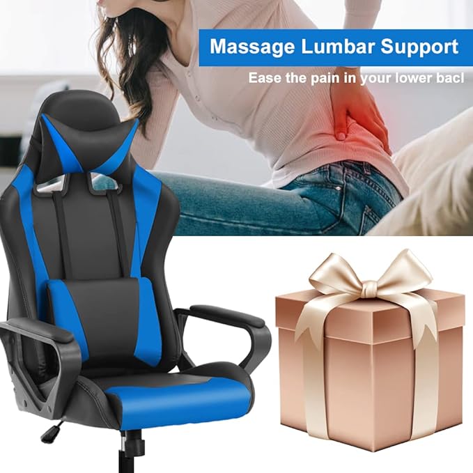 Ergonomic Gaming Chair High Back PU Leather Office Chair with Adjustable Lumbar Support &amp Headrest – Swivel Computer Desk Chair for Adults Teens Kids – Heavy Duty Executive Red Game Chair - Blu