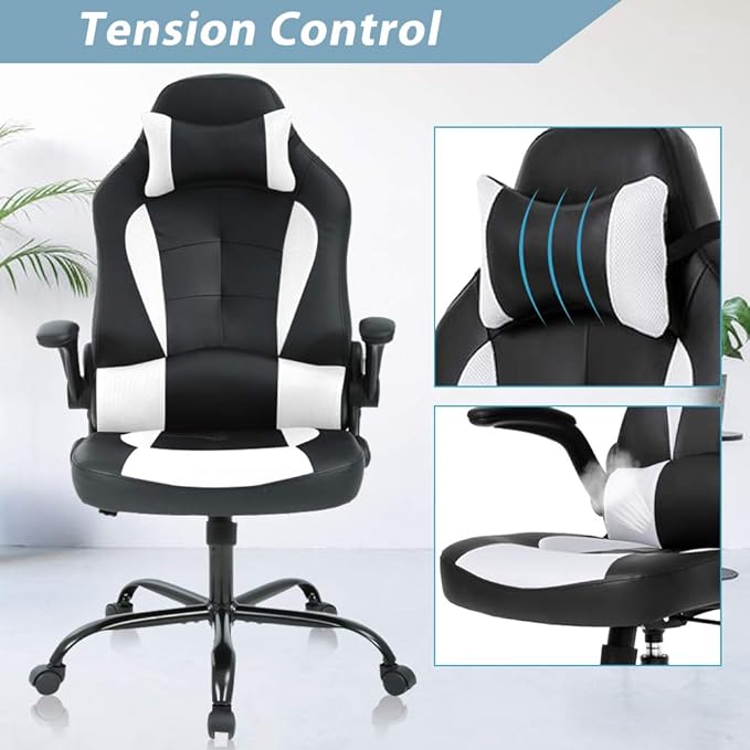 Gaming Chair Racing Ergonomic Racing Chair High Back PC Computer Gaming Chairs with Headrest Lumbar Support &amp Flip-up Arms PU Leather Adjustable Height Swivel White
