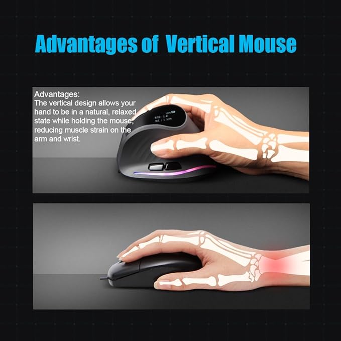 zelotes Bluetooth Wireless Vertical Mouse with DisplayRechargeableDual Mode (BT 5.0/3.0 + 2.4G USB Receiver)4000 DPI(5-Level Adjustable)Optical Portable Ergonomic Mouse for PCLaptopTabletsBlack
