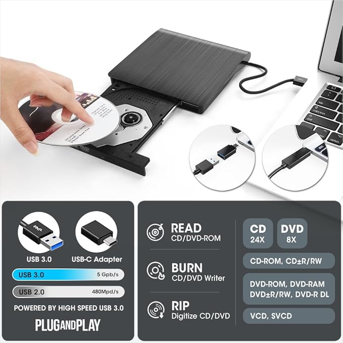 ROOFULL External CD DVD Drive for Laptop with Carrying Case USB 3.0 Type-C DVD Player CD Disc Reader Writer Burner Portable for Windows 11/10/7 Computer Mac MacBook Linux PC ECD819-SU3