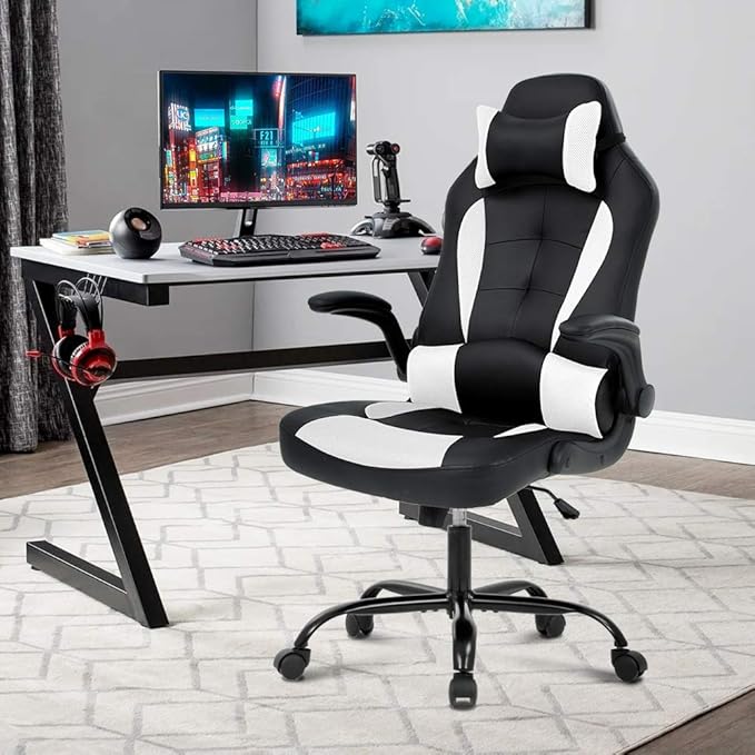 Gaming Chair Racing Ergonomic Racing Chair High Back PC Computer Gaming Chairs with Headrest Lumbar Support &amp Flip-up Arms PU Leather Adjustable Height Swivel White