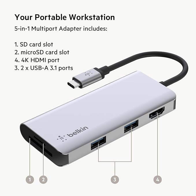 Belkin USB-C Hub 5-in-1 MultiPort USB-C Docking Station for MacBook &amp Windows w/ 4K HDMI 1.4 2x USB-A 3.1 SD 3.0 &amp Micro SD 3.0 &amp 5Gbps Data Transfer for Home Office &amp Travel P