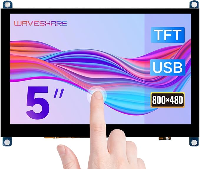 Waveshare 5inch Capacitive Touch Screen LCD Slimmed-Down Compatible with Raspberry Pi 5/4B/3B+/3A+/2B/B+/A+/Zero/Zero W/WH/Zero 2W CM3+/4 800×480 Resolution HDMI Toughened Glass Panel Supports Windows