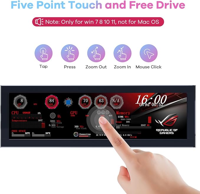 8.8 Inch Touchscreen Computer Secondary Screen 1920x480 FHD IPS LCD Display for PC Case AIDA64 CPU GPU Temperature Monitor for Raspberry Pi