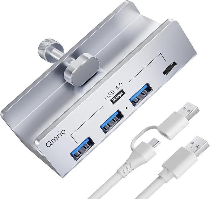 USB Hub 3.0 5Gbps Clamp USB Hub for Desk/Monitors with Extra Power Supply Port 3 USB-A Data Ports USB-C Data Port for iMac Pro/iMac (Silver)