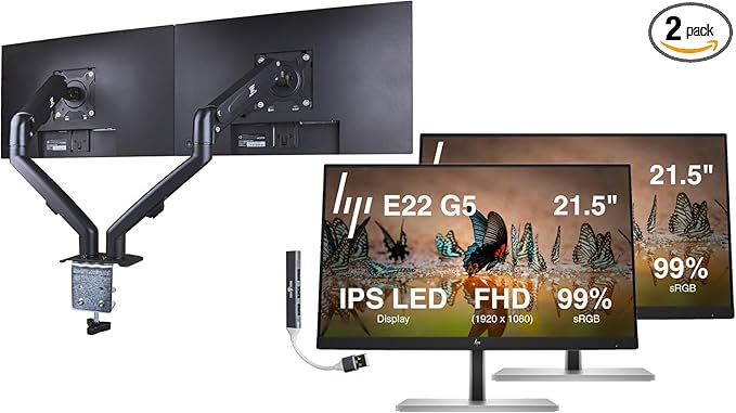 HP 22 FHD IPS Monitor with 5ms Response Time Flicker Free Anti-Glare VESA Mount (100 x 100 mm) HDMI Displayport &amp DKZ Hub Black/Silver Color 2 Pack &amp ErgoFlexy Dual Mount Arm