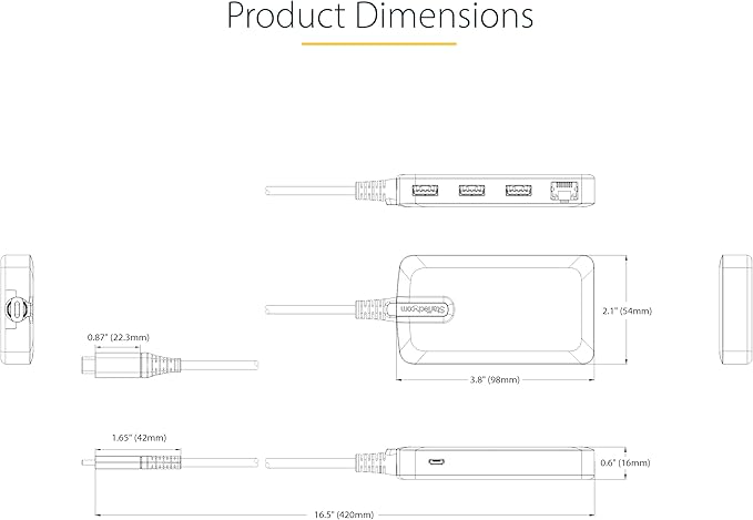 StarTech.com 3-Port USB-C Hub with Ethernet - 3X USB-A Ports Gigabit Ethernet RJ45 USB 3.0 5Gbps Bus-Powered 1ft/30cm Long Cable - Portable Laptop USB Type-C Hub Adapter w/GbE (5G3AGBB-USB-C-HUB)