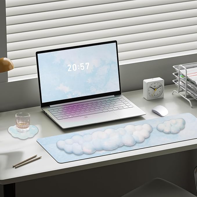 Gaming Desk Mat with Keyboard Wrist Rest Set 4 in 1 Large Mouse Pad &amp Cloud Keyboard Wrist Rest&amp Mouse Wrist Rest&ampCoaster Comfort and Support for Typing and Gaming(Blue)