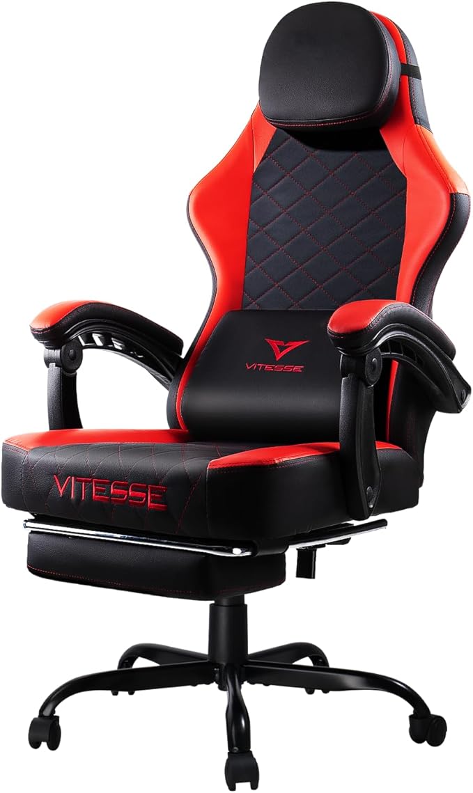 VITESSE Ergonomic Video Gaming Chair for Adults 400 lbs PC Computer Chair Racing Office Chair Silla Gamer Height Adjustable Swivel Chair with Lumbar Vibration Support and Headrest（Red）