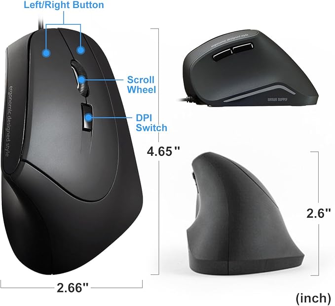 SANWA Wired Ergonomic Mouse Silent Click Vertical Computer Mice 3 Programmable Buttons Optical Ergo Mouse Reduce Wrist Strain 1000/1600 DPI Compatible wtih Mac Windows Laptop PC