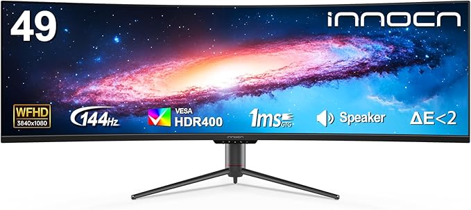 INNOCN Ultrawide 49 Curved 3840 x 1080P 144Hz 32:9 Monitor Screen Split PIP PBP for Workflow/Gaming R1800 99% sRGB HDR400 USB C DisplayPort HDMI Speakers Adjustable Black (HDMI+DP Cable)