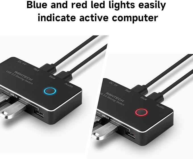 RSHTECH USB 3.0 Switch Selector Aluminum with 4 USB-3.0 Ports 3.5mm Audio Jack 2 Computers Sharing 5 Peripheral Devices USB KM Switcher hub with 2 USB Cable for Keyboard Mouse Printer