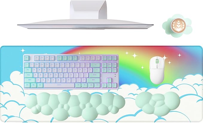 ATTACK SHARK 4 in1 Cloud Mouse PadKeyboard Wrist RestMouse Wrist Rest Supportand Leather Coaster Set with Office Desk MatNon-Slip PU Desk Pad Memory Foam Ergonomic Pain Relief for Office and Home